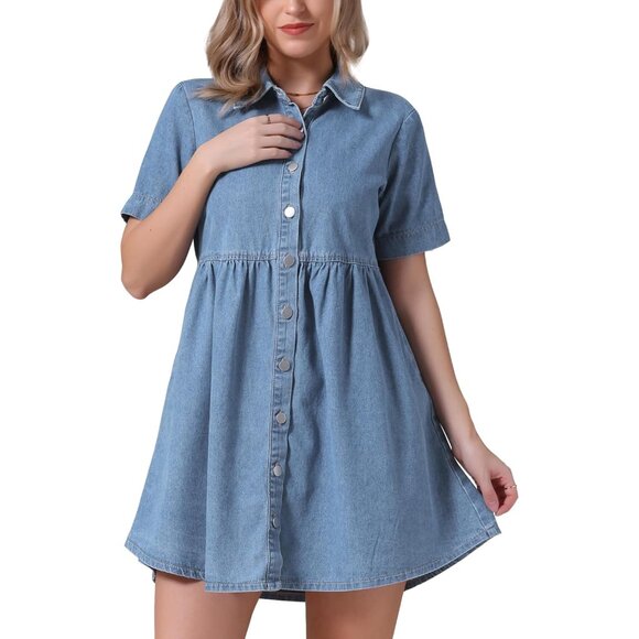 Women's Plus Size Denim Dress Babydoll Short Sleeve Button Down Mini - Picture 1 of 6